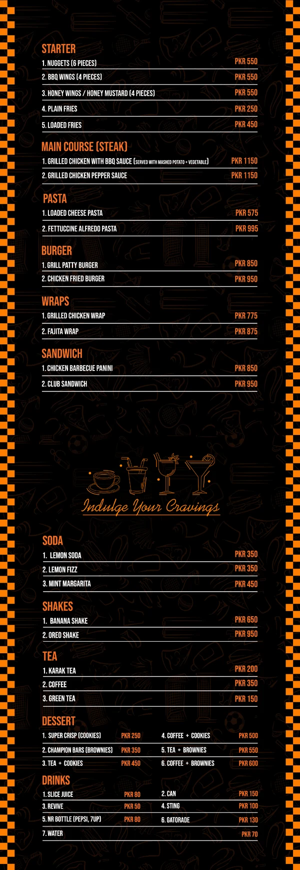 Cafe X menu: starters, chicken steaks, pasta, burgers, wraps, sandwiches, soda, shakes, tea, desserts and drinks, with prices in PKR. Open the full-size menu to zoom.